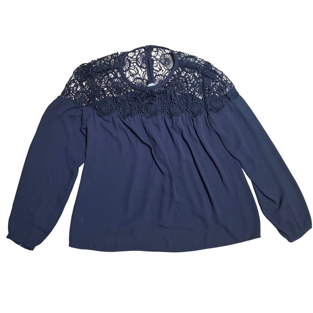 LOFT Navy Blue Crochet Lace Yoke Long Sleeve Blouse Women's Size S